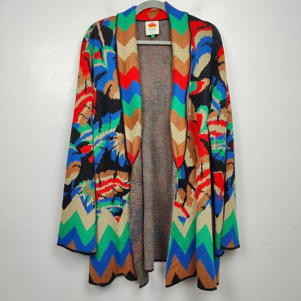 Farm Rio Sweater Womens XL Chevron Forest Black Cardigan Tropical Knit Green